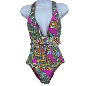 TRINA TURK Size 8 Pink Multicolor Geometric Maximalist Print One Piece Swimsuit